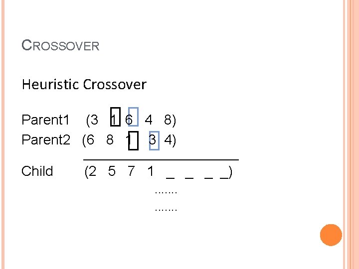 CROSSOVER Heuristic Crossover Parent 1 (3 1 6 4 8) Parent 2 (6 8