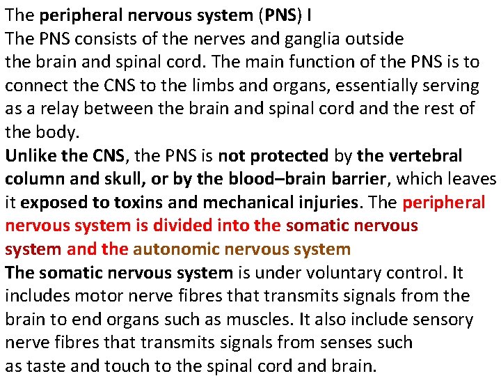 The peripheral nervous system (PNS) I The PNS consists of the nerves and ganglia