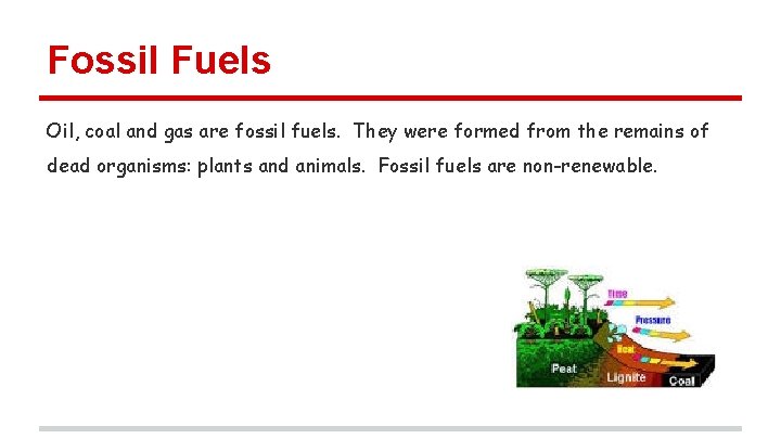 Fossil Fuels Oil, coal and gas are fossil fuels. They were formed from the
