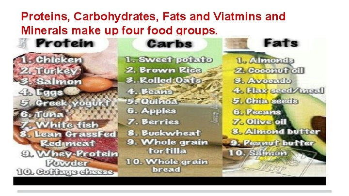 Proteins, Carbohydrates, Fats and Viatmins and Minerals make up four food groups. 