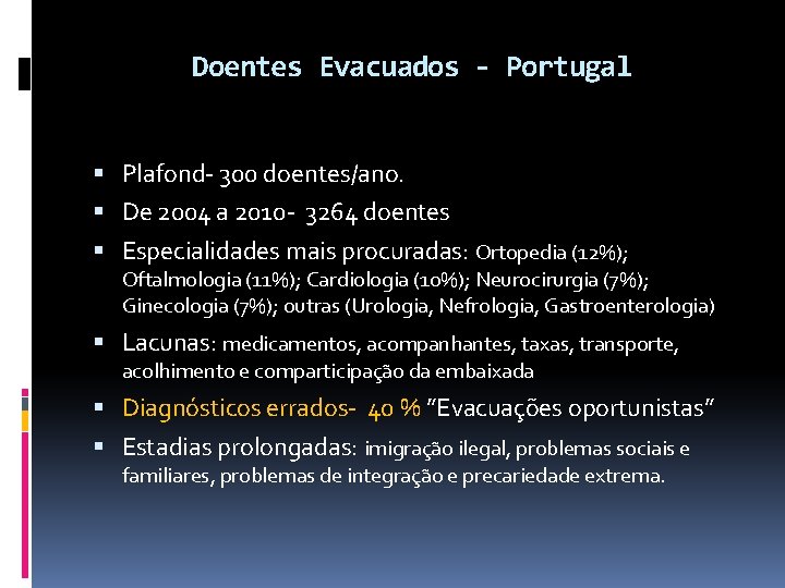 Doentes Evacuados - Portugal Plafond- 300 doentes/ano. De 2004 a 2010 - 3264 doentes