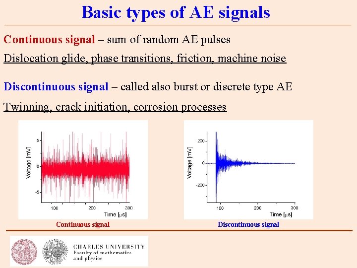 Basic types of AE signals Continuous signal – sum of random AE pulses Dislocation