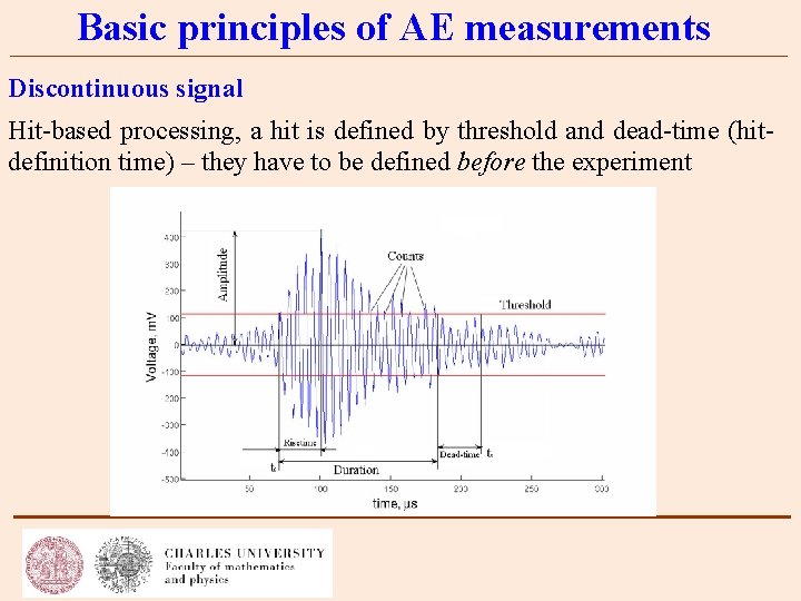 Basic principles of AE measurements Discontinuous signal Hit-based processing, a hit is defined by