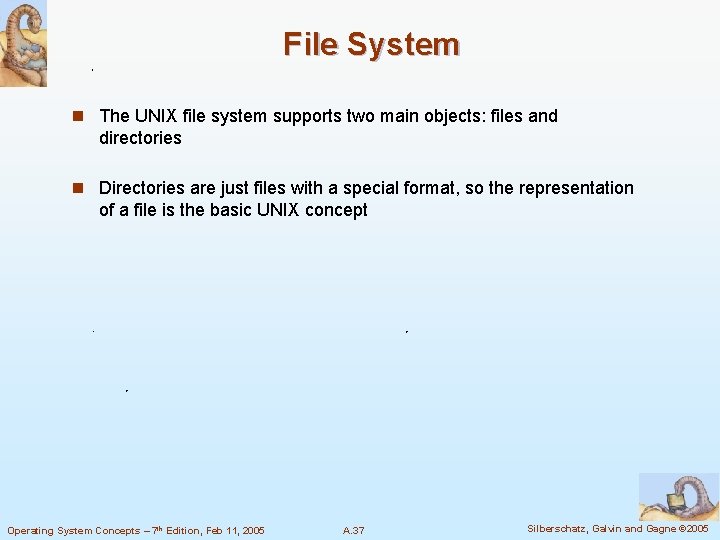 File System n The UNIX file system supports two main objects: files and directories