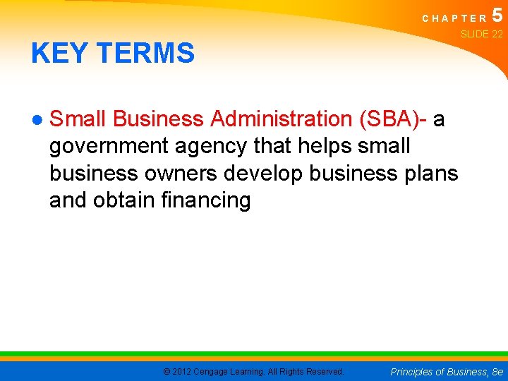 CHAPTER 5 SLIDE 22 KEY TERMS ● Small Business Administration (SBA)- a government agency
