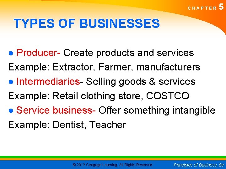 CHAPTER 5 TYPES OF BUSINESSES ● Producer- Create products and services Example: Extractor, Farmer,