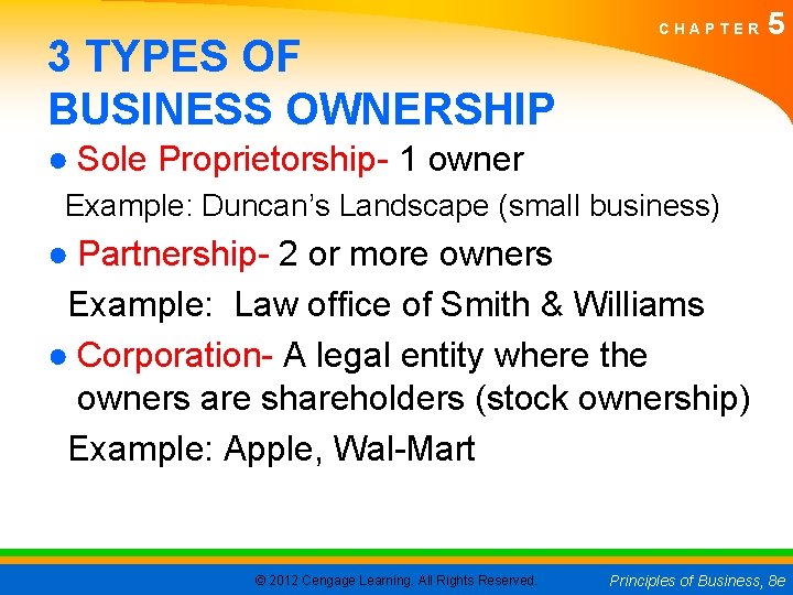 3 TYPES OF BUSINESS OWNERSHIP CHAPTER 5 ● Sole Proprietorship- 1 owner Example: Duncan’s
