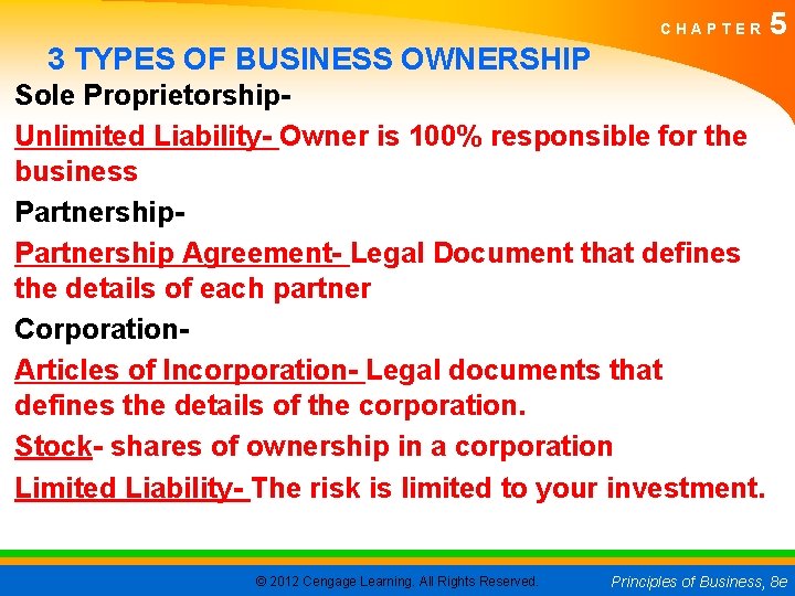 CHAPTER 5 3 TYPES OF BUSINESS OWNERSHIP Sole Proprietorship. Unlimited Liability- Owner is 100%