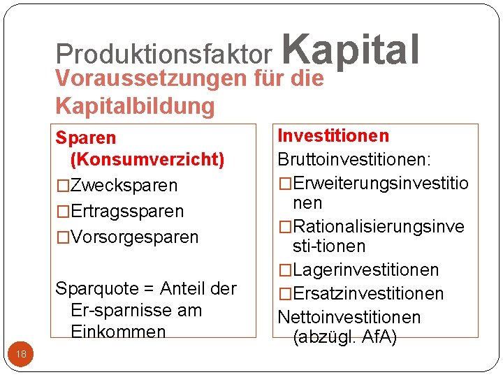 Produktionsfaktor Kapital Voraussetzungen für die Kapitalbildung Sparen (Konsumverzicht) �Zwecksparen �Ertragssparen �Vorsorgesparen Sparquote = Anteil