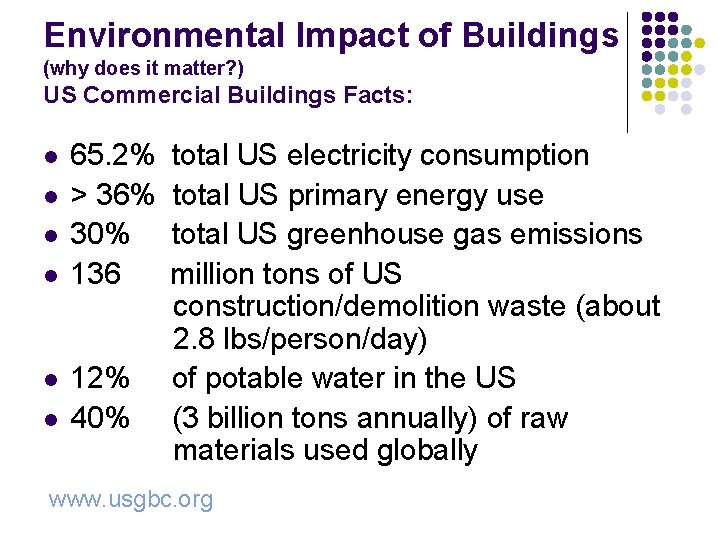 Environmental Impact of Buildings (why does it matter? ) US Commercial Buildings Facts: l