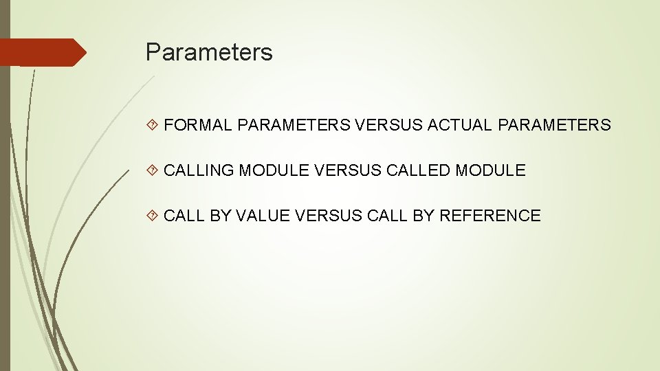 Parameters FORMAL PARAMETERS VERSUS ACTUAL PARAMETERS CALLING MODULE VERSUS CALLED MODULE CALL BY VALUE Parameters FORMAL PARAMETERS VERSUS ACTUAL PARAMETERS CALLING MODULE VERSUS CALLED MODULE CALL BY VALUE