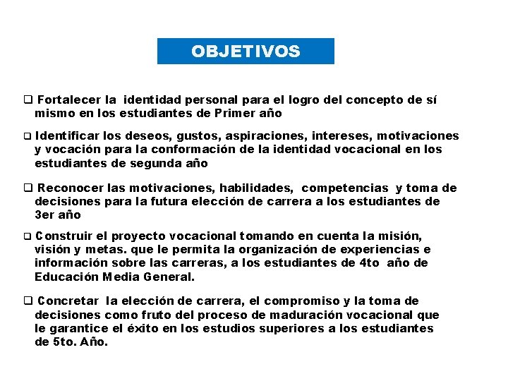OBJETIVOS q Fortalecer la identidad personal para el logro del concepto de sí mismo