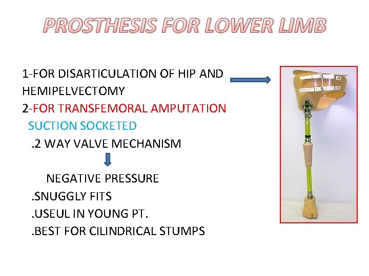 PROSTHESIS FOR LOWER LIMB 1 -FOR DISARTICULATION OF HIP AND HEMIPELVECTOMY 2 -FOR TRANSFEMORAL