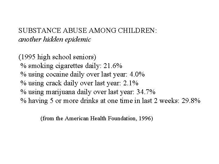SUBSTANCE ABUSE AMONG CHILDREN: another hidden epidemic (1995 high school seniors) % smoking cigarettes