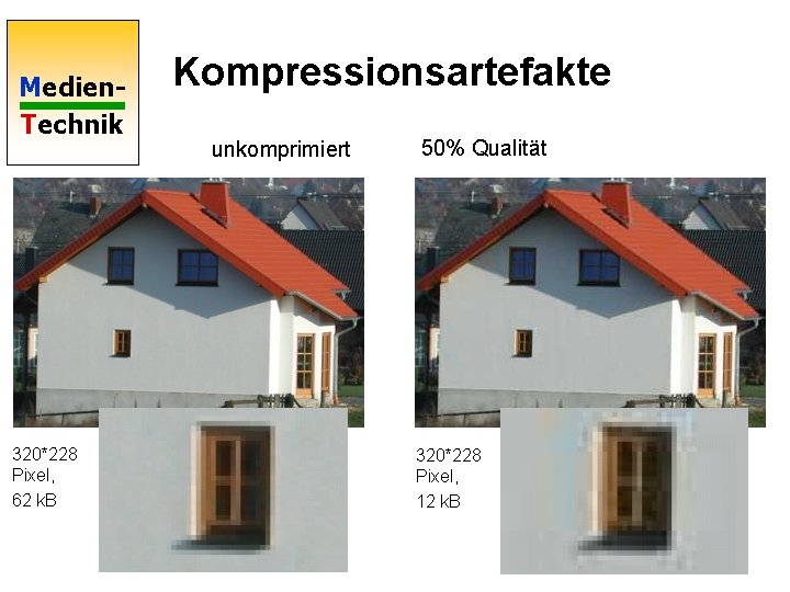 Medien. Technik 320*228 Pixel, 62 k. B Kompressionsartefakte unkomprimiert 50% Qualität 320*228 Pixel, 12