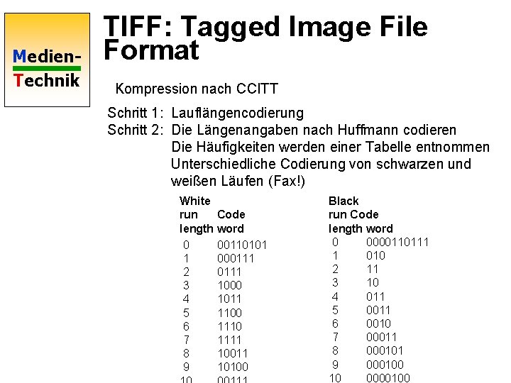 Medien. Technik TIFF: Tagged Image File Format Kompression nach CCITT Schritt 1: Lauflängencodierung Schritt