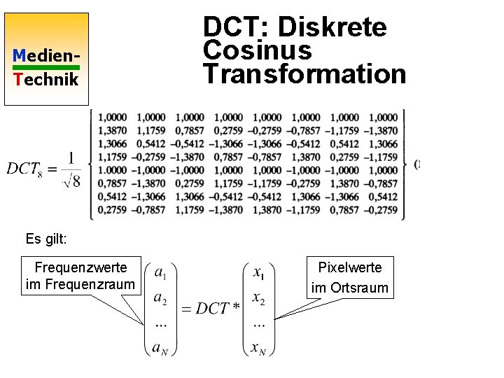 Medien. Technik DCT: Diskrete Cosinus Transformation Es gilt: Frequenzwerte im Frequenzraum Pixelwerte im Ortsraum