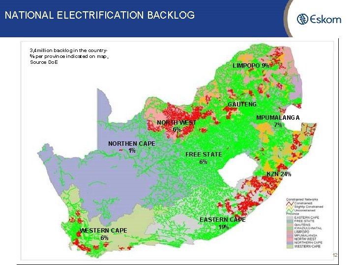 NATIONAL ELECTRIFICATION BACKLOG 3, 4 million backlog in the country% per province indicated on