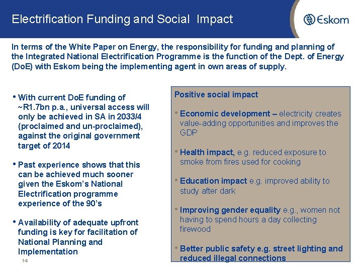 Electrification Funding and Social Impact In terms of the White Paper on Energy, the