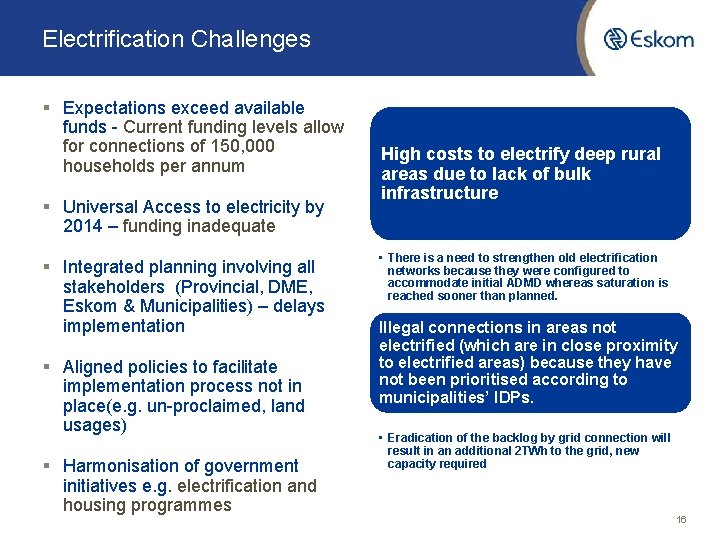 Electrification Challenges § Expectations exceed available funds - Current funding levels allow for connections