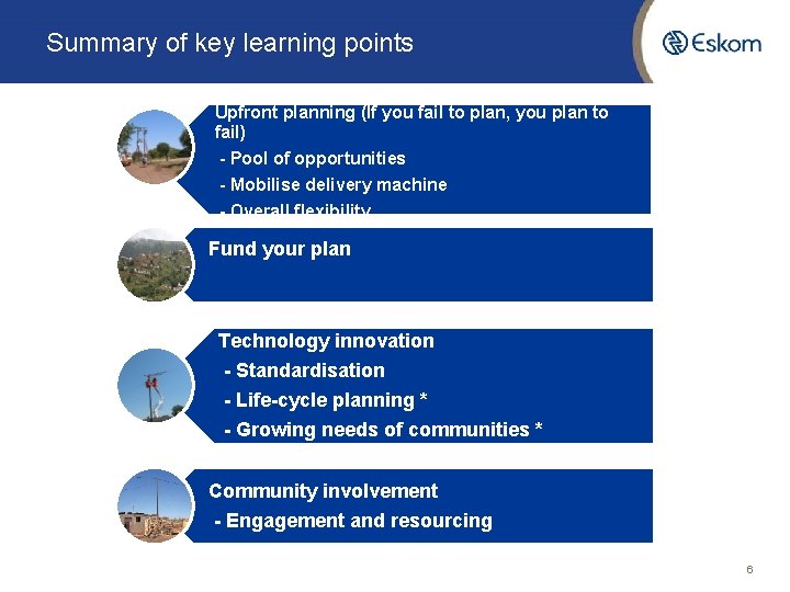 Summary of key learning points Upfront planning (If you fail to plan, you plan