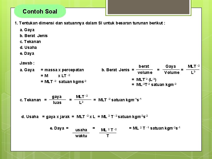 Contoh Soal 1. Tentukan dimensi dan satuannya dalam SI untuk besaran turunan berikut :