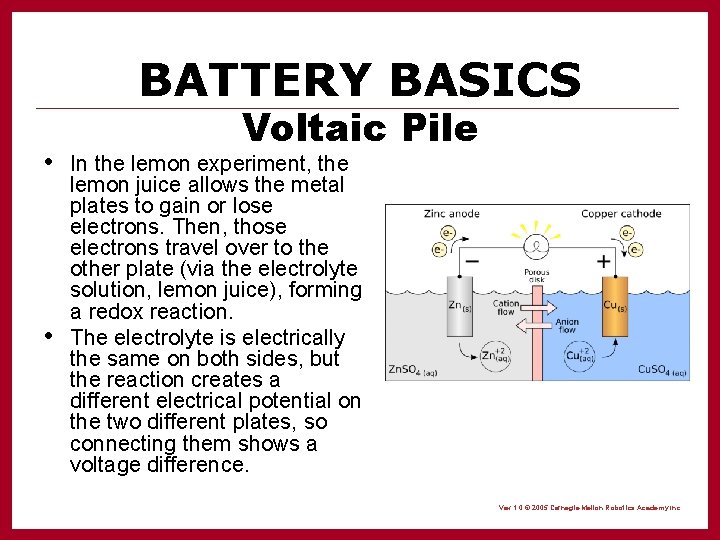 BATTERY BASICS Voltaic Pile • In the lemon experiment, the • lemon juice allows