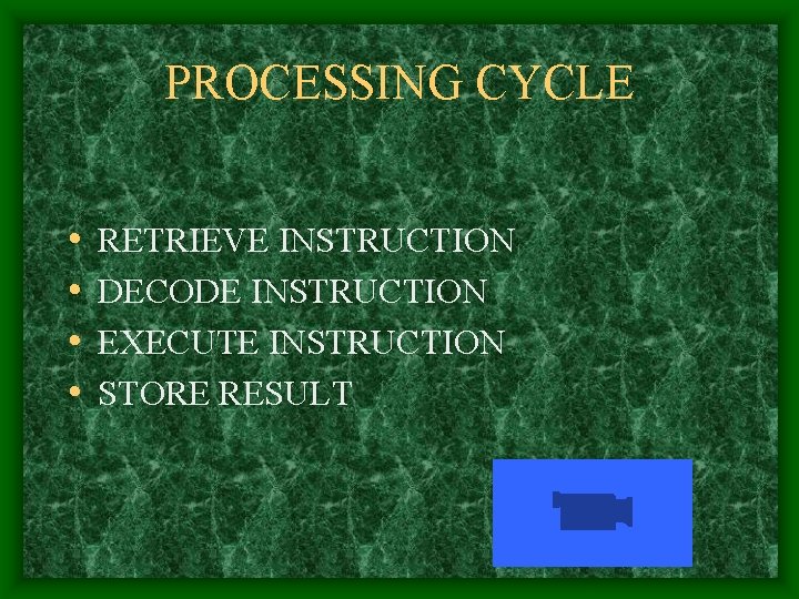 PROCESSING CYCLE • • RETRIEVE INSTRUCTION DECODE INSTRUCTION EXECUTE INSTRUCTION STORE RESULT 