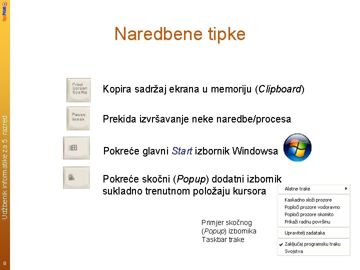 Naredbene tipke Udžbenik informatike za 5. razred Kopira sadržaj ekrana u memoriju (Clipboard) 8