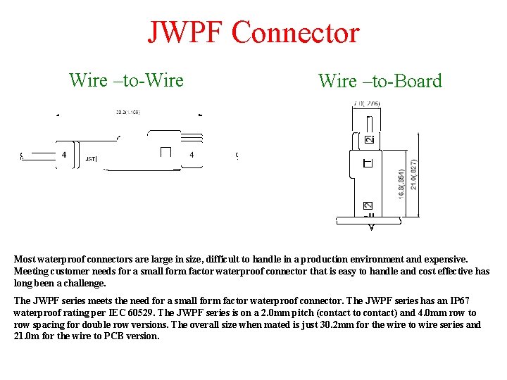 JWPF Connector Wire –to-Wire –to-Board Most waterproof connectors are large in size, difficult to