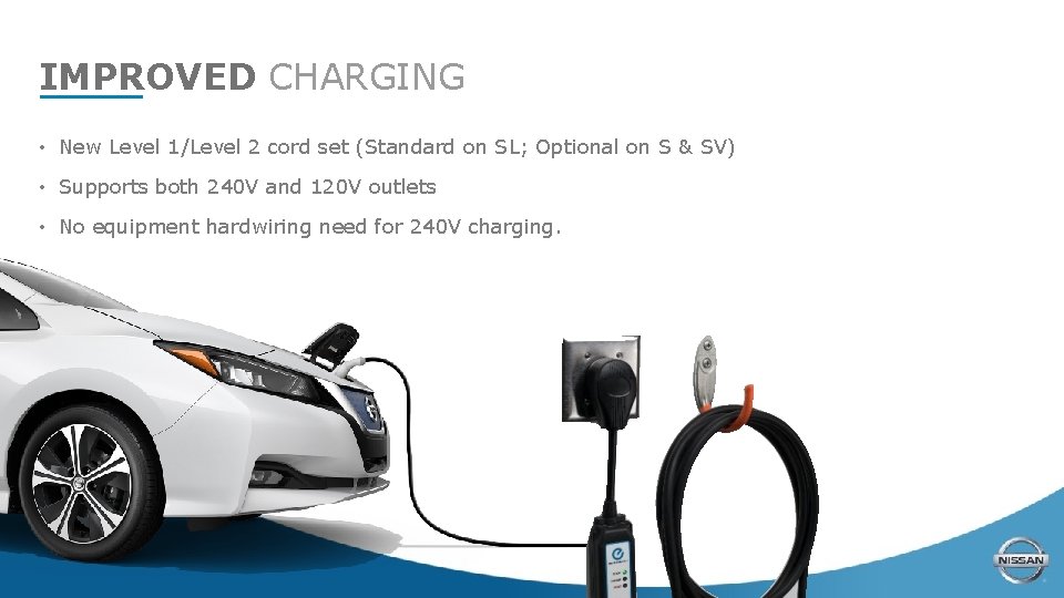 IMPROVED CHARGING • New Level 1/Level 2 cord set (Standard on SL; Optional on