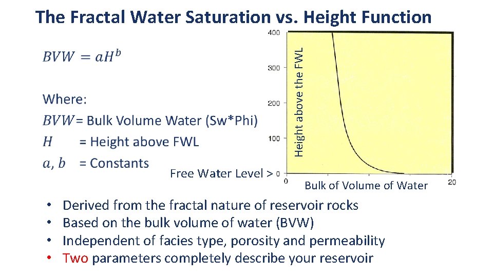 The Fractal Water Saturation vs. Height Function Height above the FWL • Free Water