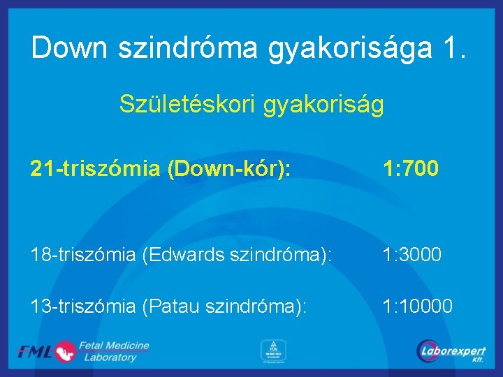 Down szindróma gyakorisága 1. Születéskori gyakoriság 21 -triszómia (Down-kór): 1: 700 18 -triszómia (Edwards