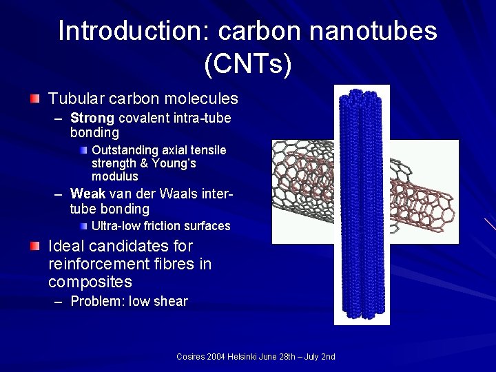 Introduction: carbon nanotubes (CNTs) Tubular carbon molecules – Strong covalent intra-tube bonding Outstanding axial