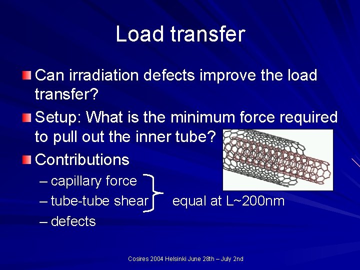 Load transfer Can irradiation defects improve the load transfer? Setup: What is the minimum