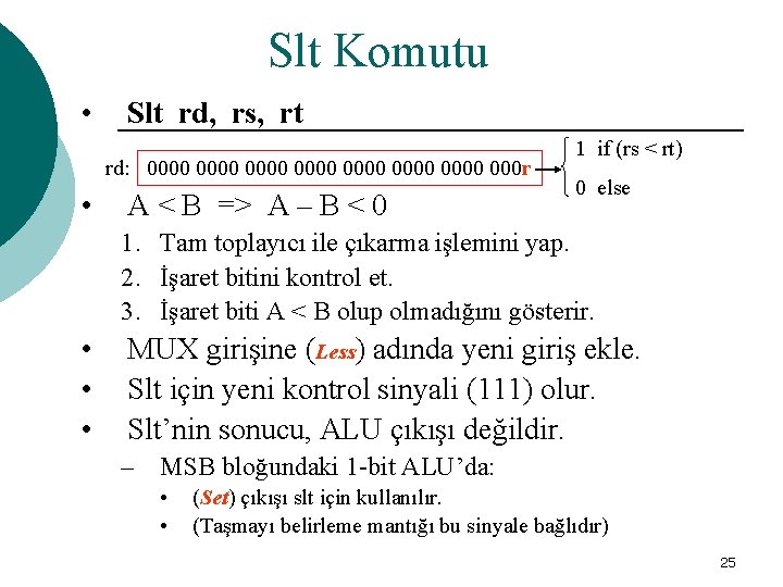 Slt Komutu • Slt rd, rs, rt rd: 0000 0000 000 r • A