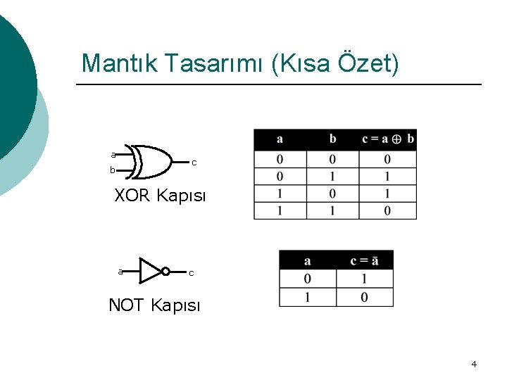 Mantık Tasarımı (Kısa Özet) a c b XOR Kapısı a c NOT Kapısı 4