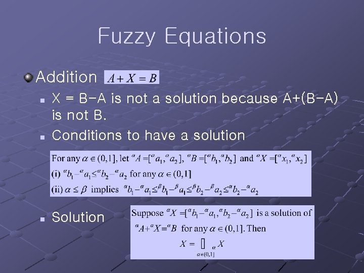 Fuzzy Equations Addition n X = B-A is not a solution because A+(B-A) is
