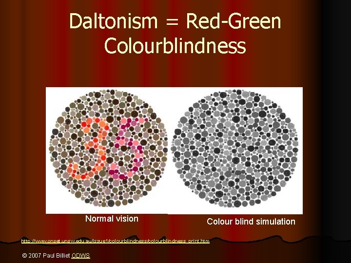 Daltonism = Red-Green Colourblindness Normal vision Colour blind simulation http: //www. onset. unsw. edu.