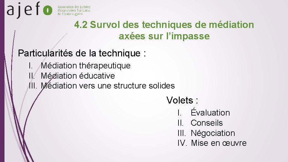 © 2019 4. 2 Survol des techniques de médiation axées sur l’impasse Particularités de