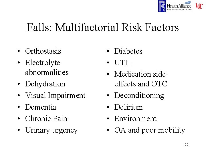 Falls: Multifactorial Risk Factors • Orthostasis • Electrolyte abnormalities • Dehydration • Visual Impairment