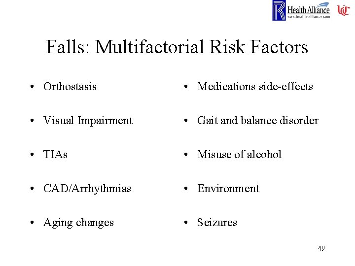 Falls: Multifactorial Risk Factors • Orthostasis • Medications side-effects • Visual Impairment • Gait