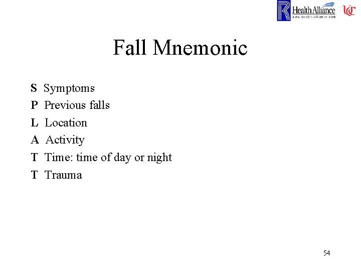 Fall Mnemonic S P L A T T Symptoms Previous falls Location Activity Time: