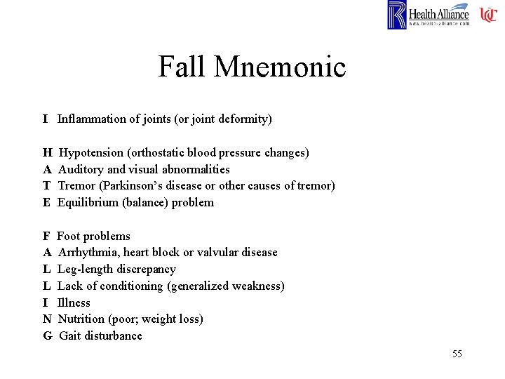 Fall Mnemonic I Inflammation of joints (or joint deformity) H A T E Hypotension