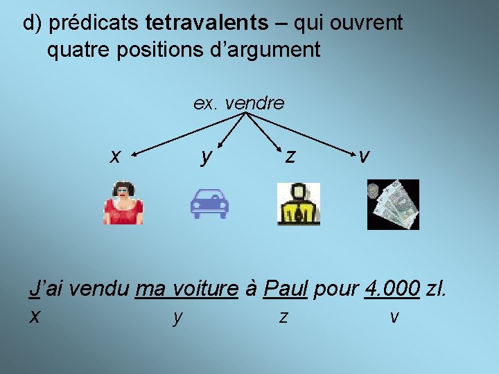 d) prédicats tetravalents – qui ouvrent quatre positions d’argument ex. vendre x y z