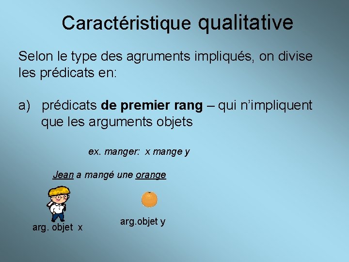 Caractéristique qualitative Selon le type des agruments impliqués, on divise les prédicats en: a)