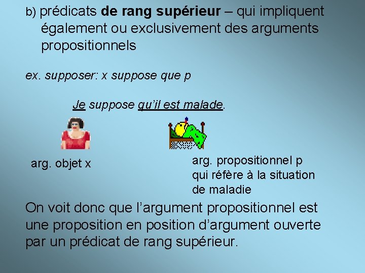 b) prédicats de rang supérieur – qui impliquent également ou exclusivement des arguments propositionnels