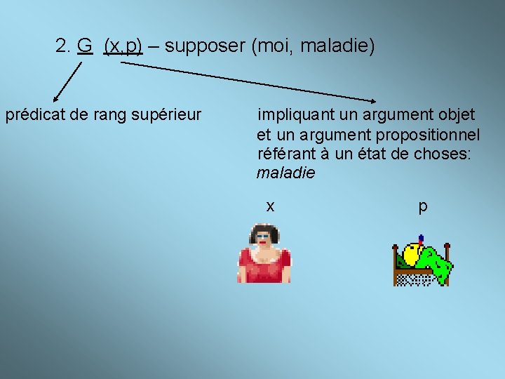 2. G (x, p) – supposer (moi, maladie) prédicat de rang supérieur impliquant un