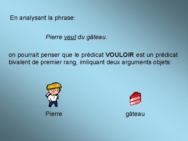 En analysant la phrase: Pierre veut du gâteau. on pourrait penser que le prédicat