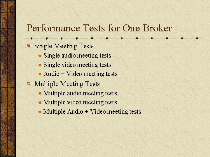 Performance Tests for One Broker Single Meeting Tests Single audio meeting tests Single video